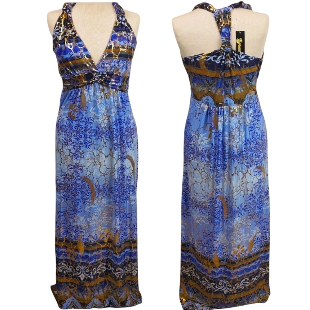 Maxi Dress Halter Blue Brown Floral Sleeveless‎ Evening Party Cocktail S/M - Picture 2 of 11